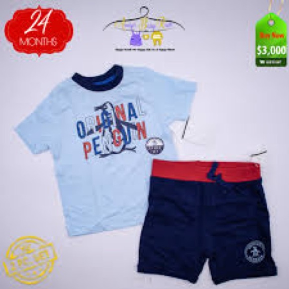 EUC Boys Original Penguin Light Blue Tee and Navy Shorts Set